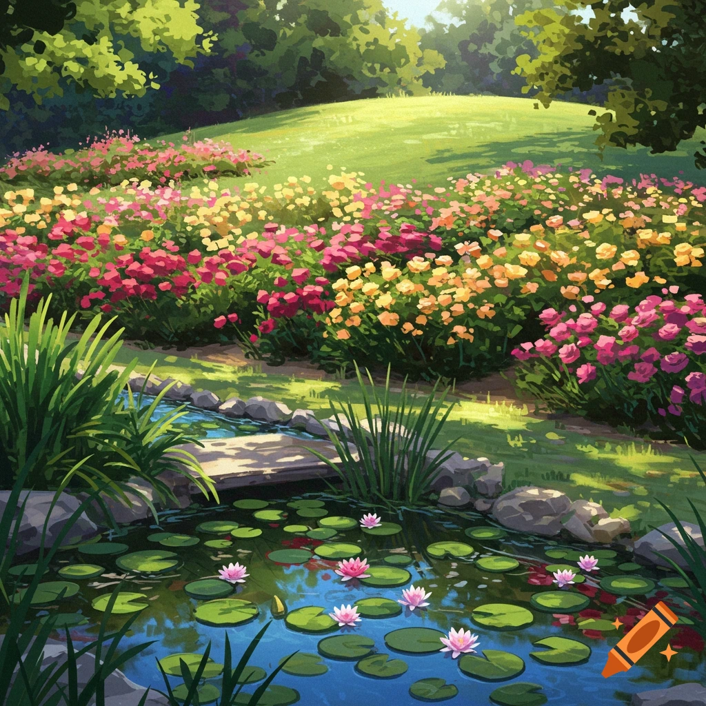 Vibrant illustration of a rose garden leading to a pond with lily pads and pink water lilies, bathed in sunlight.