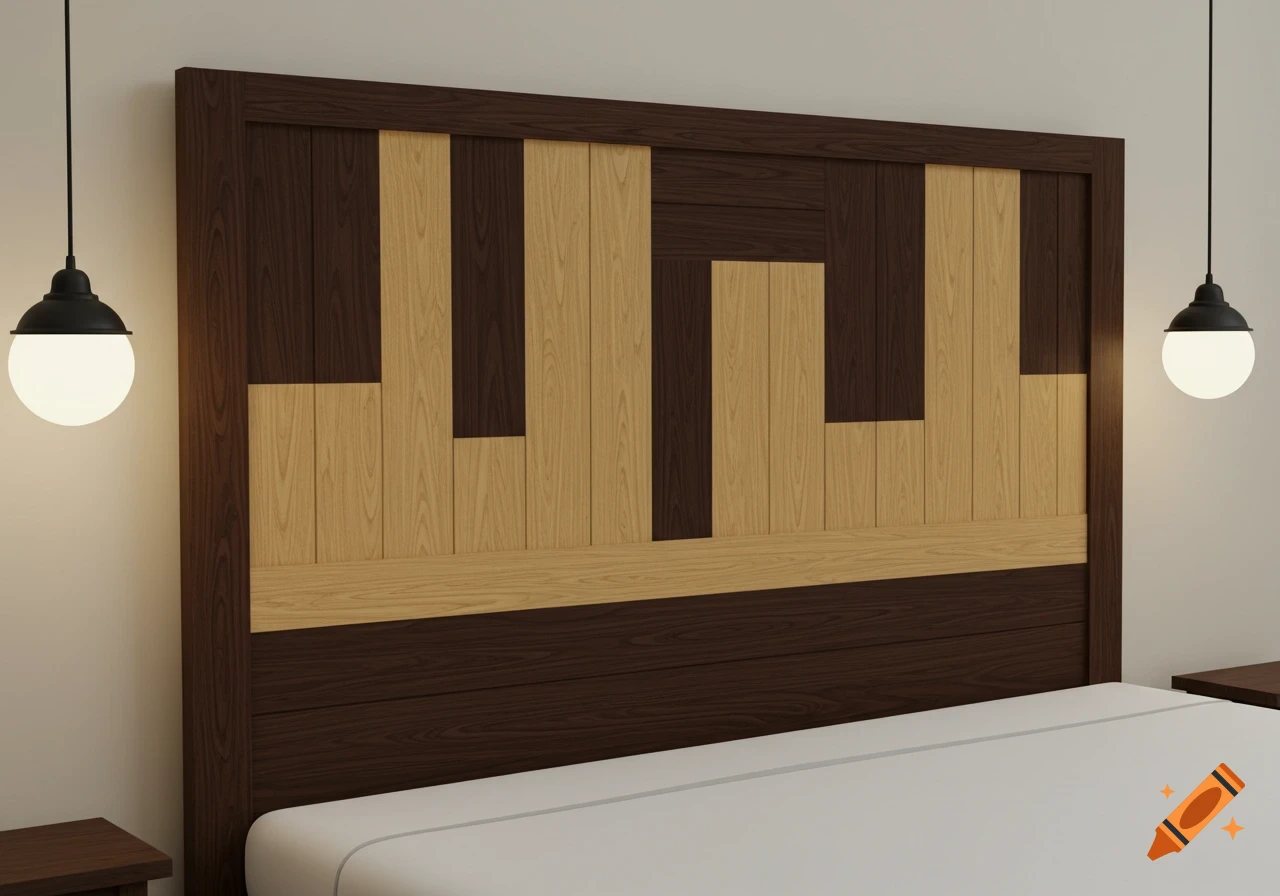 A close-up, photorealistic image of a custom bed headboard featuring an alternating pattern of dark and light wood panels, with two hanging pendant lights on either side.