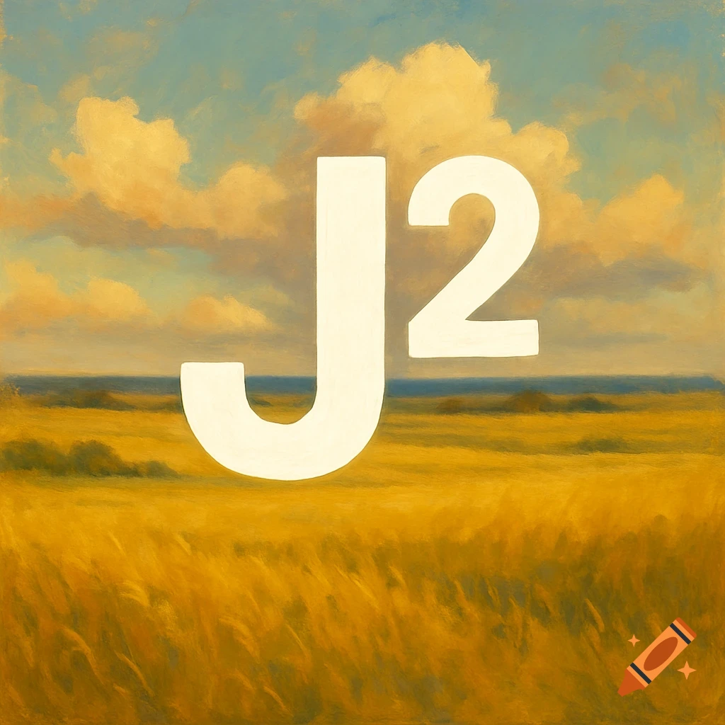 A large white J2 logo in a golden prairie landscape under a cloudy blue sky, in an oil painting style.