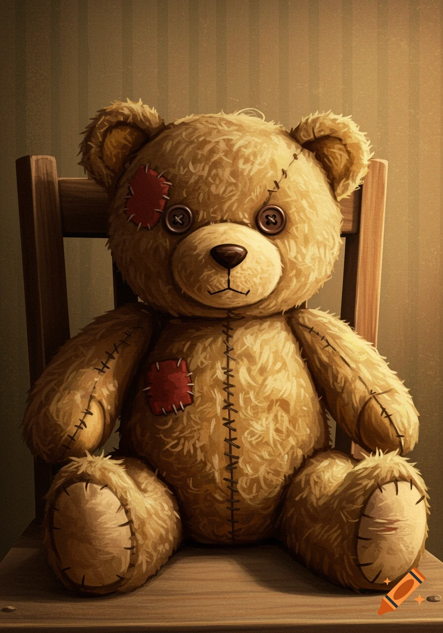 A beige, patched teddy bear with button eyes sits on a wooden chair in a detailed illustration.