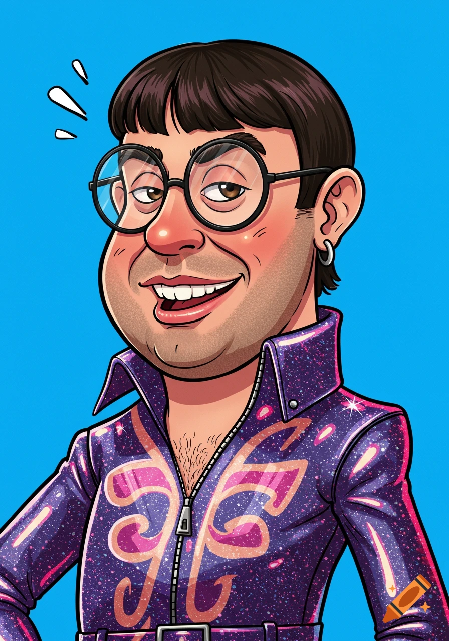 Cartoon caricature of a man with round glasses, dark hair, and a sparkly purple jumpsuit on a blue background.