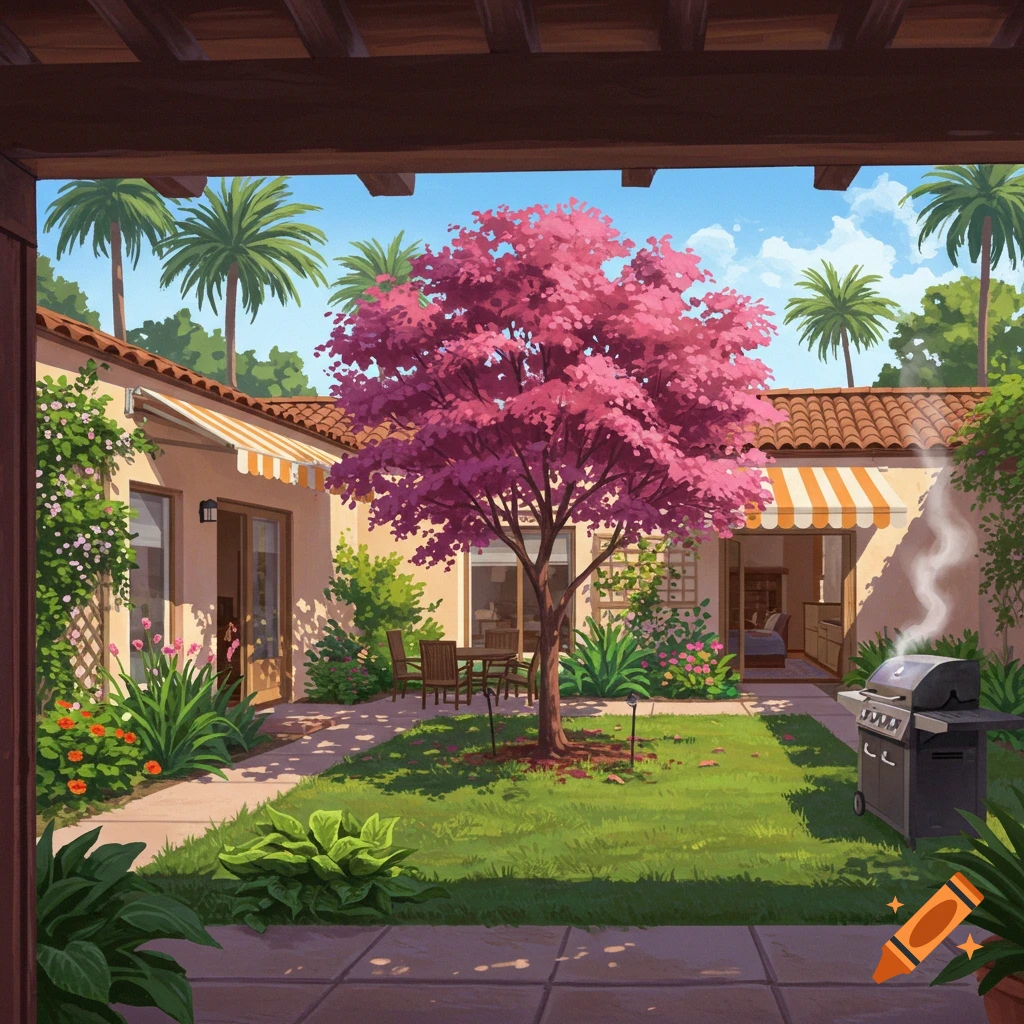 A vibrant Spanish-style home courtyard with a pink flowering tree, green lawn, garden plants, and a smoking barbecue grill.