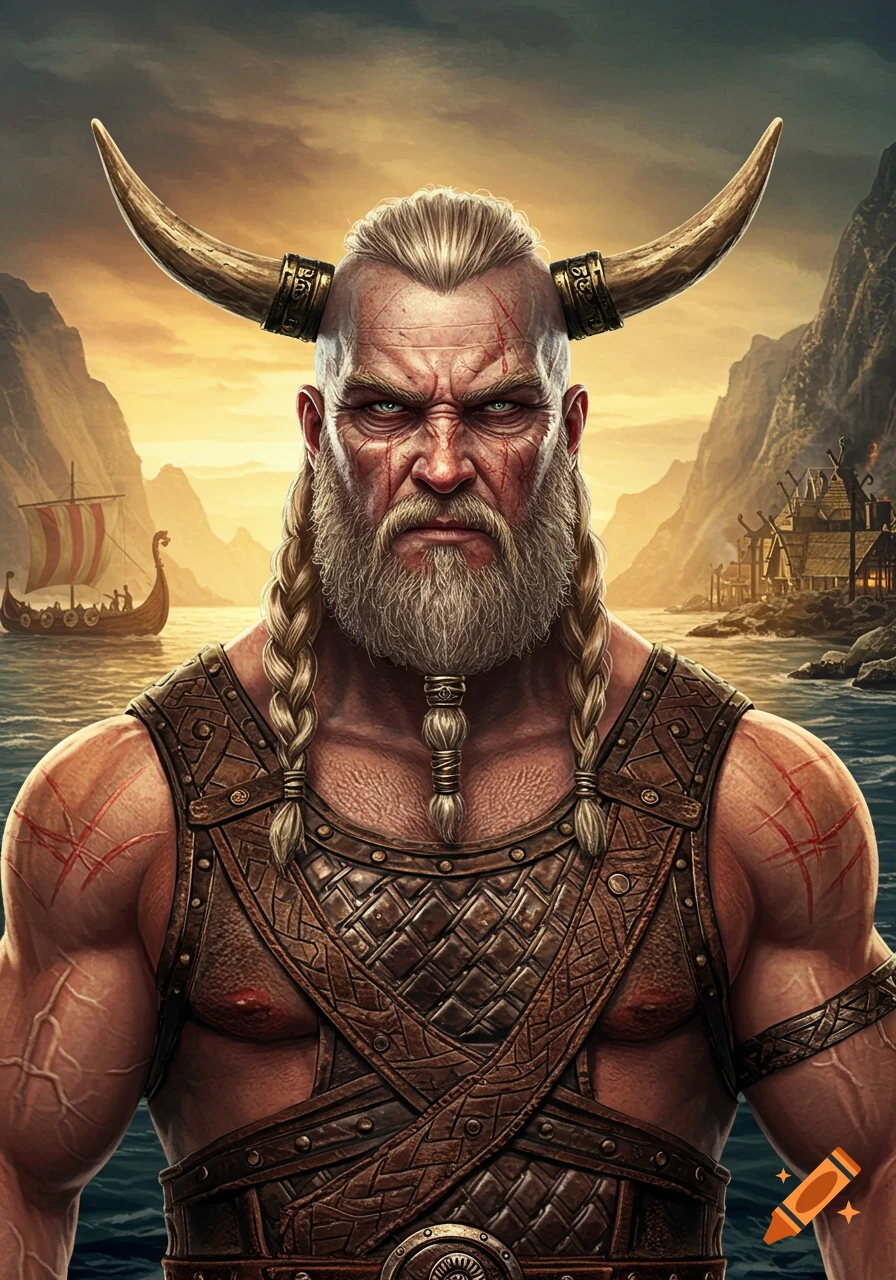 A powerful Viking man with a braided beard, horns, and scars on his face and chest, stands before a fjord with a longship.