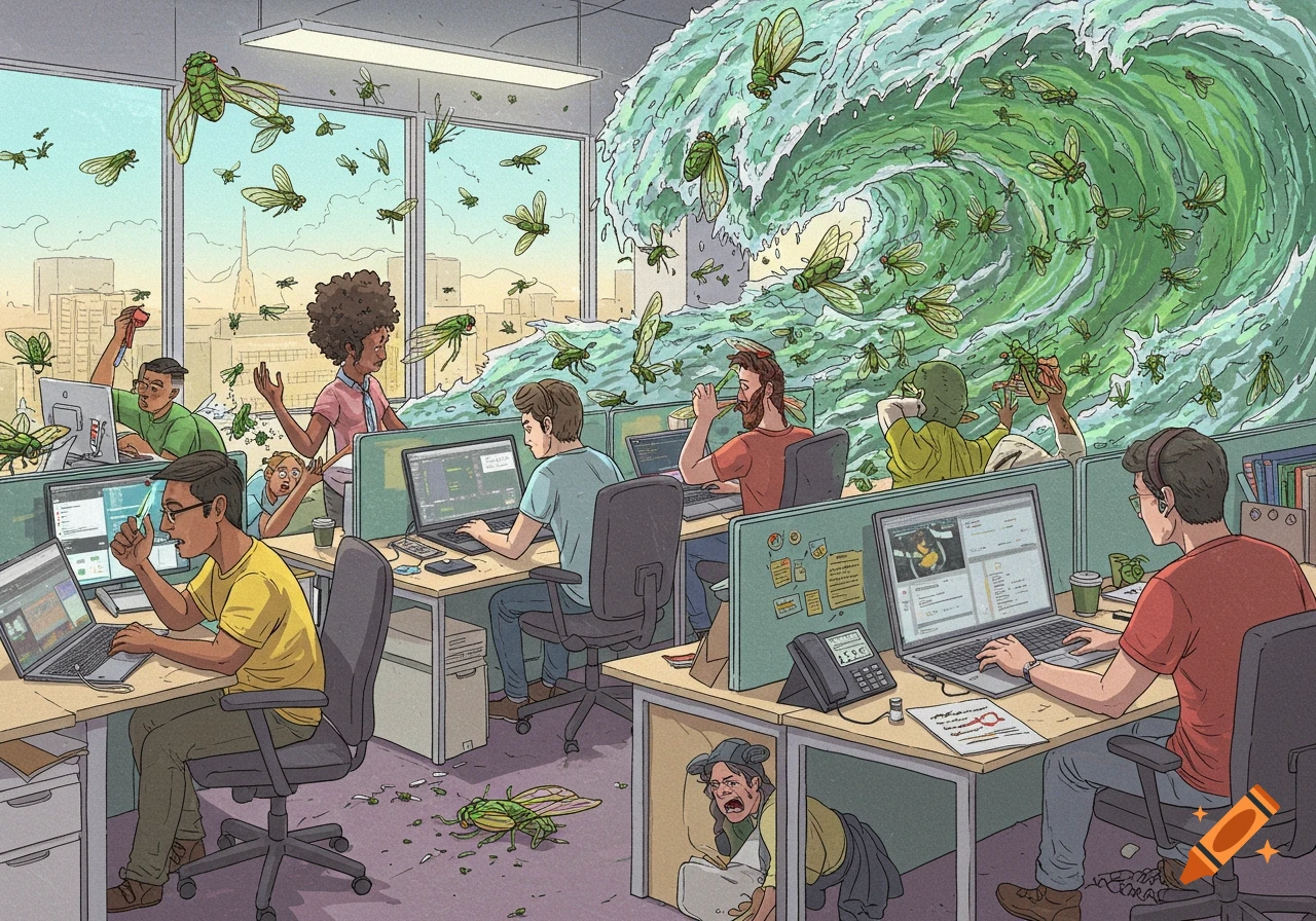 An illustrated office scene where a swarm of green cicadas flies everywhere, accompanied by a giant green wave, as office workers react.