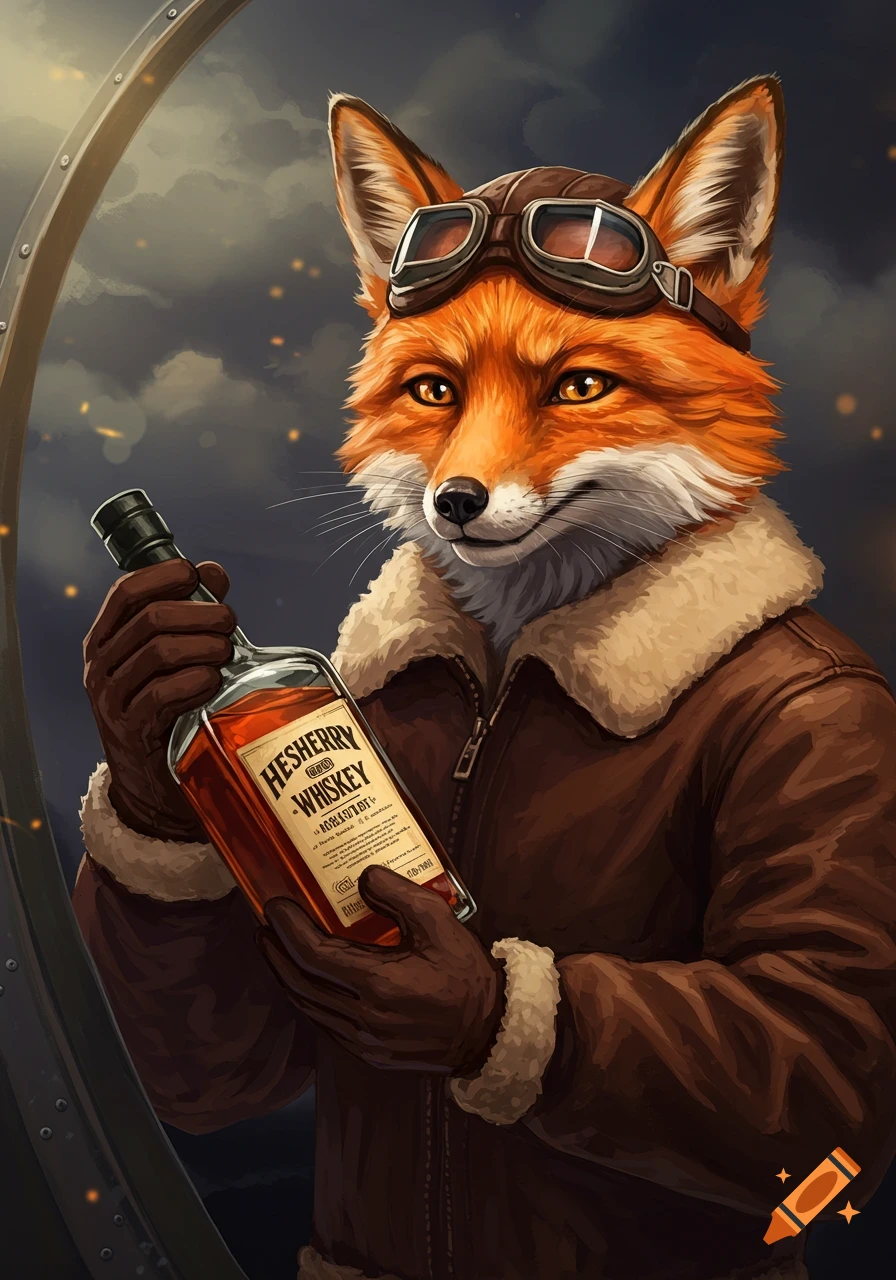 An anthropomorphic pilot fox wearing goggles and a brown leather jacket holds a bottle of whiskey.