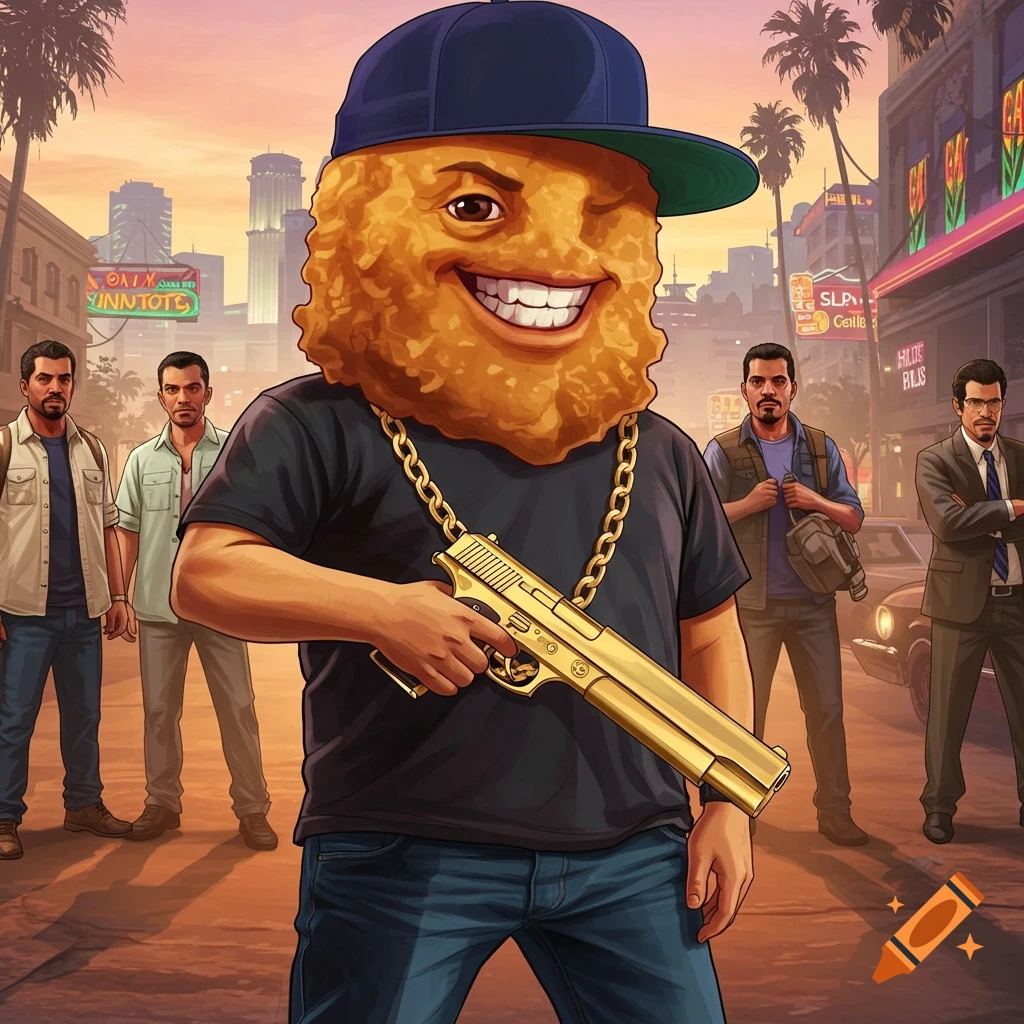 A stylized chicken nugget character with a baseball cap and gold chain holds a golden gun, standing in a Grand Theft Auto-style city street with other characters in the background at sunset.