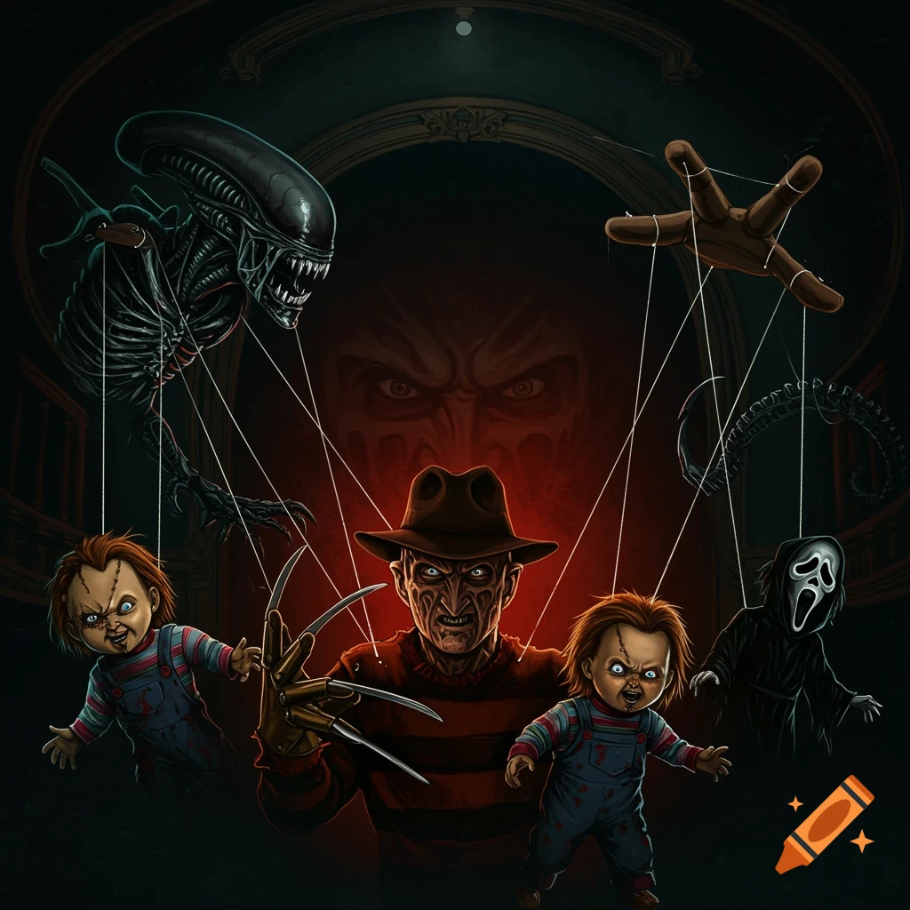 Stylized horror illustration of Freddy Krueger as a puppet master, controlling an Alien Xenomorph, two Chucky dolls, and Ghostface with strings.