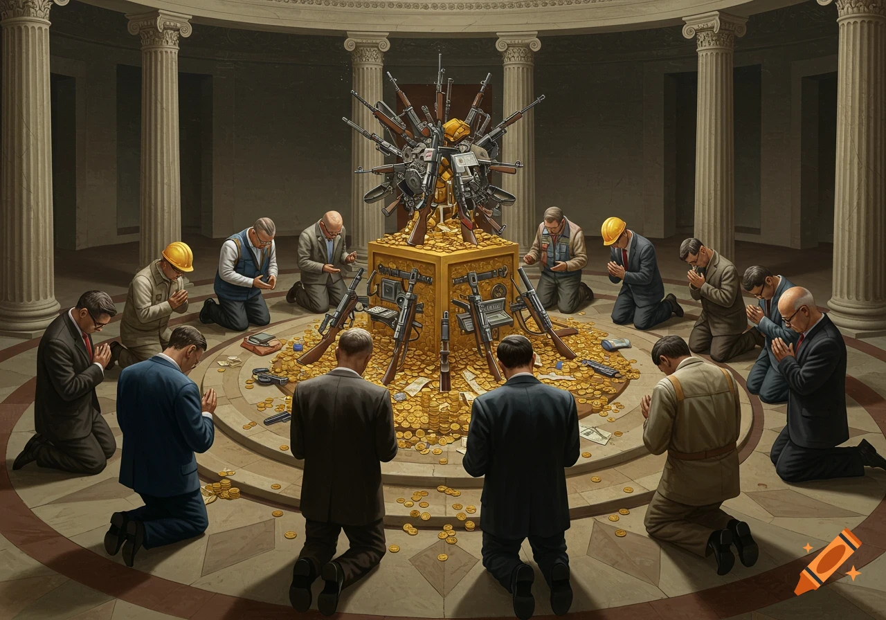 Men in suits and work attire kneel around a pedestal overflowing with guns, gold, and money in a grand room with columns.