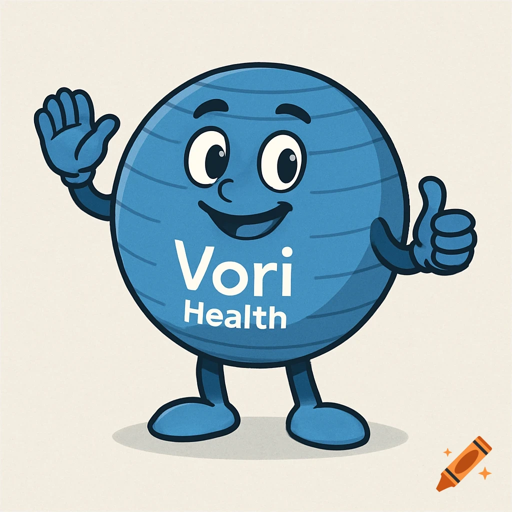 A blue cartoon exercise ball mascot with a face, waving, and giving a thumbs up, with 'Vori Health' on its body.