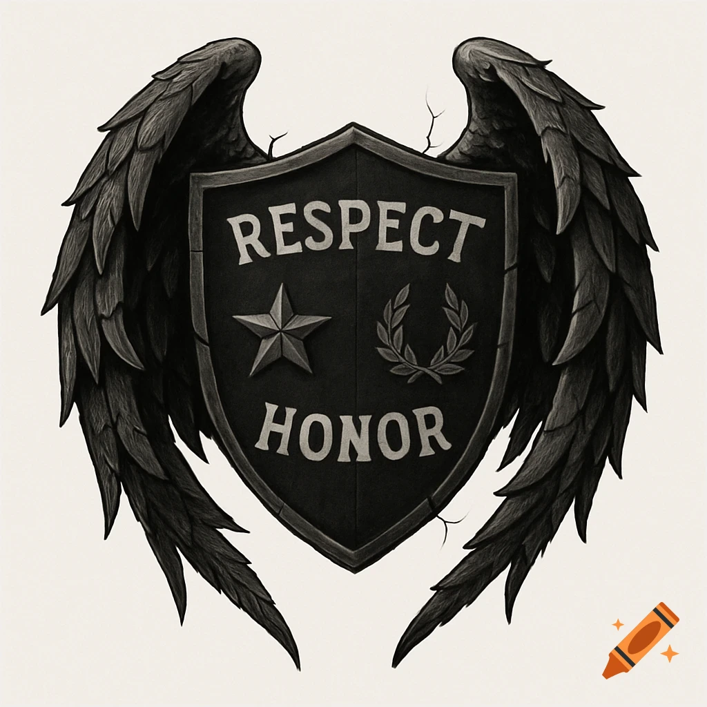 A dark, grayscale shield with "RESPECT" and "HONOR" inscribed, flanked by large, textured, broken black wings.
