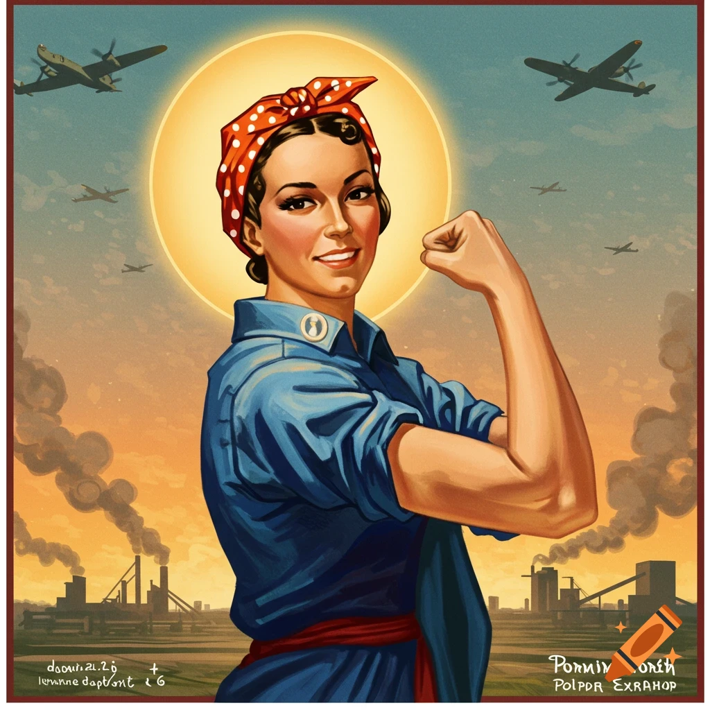 Woman in Rosie the Riveter pose, with planes and factories in the background, in the style of a vintage propaganda poster.
