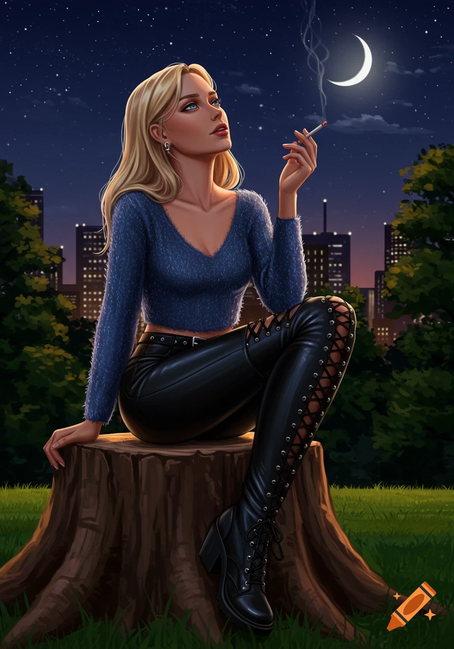 A blond woman with blue eyes sits on a tree stump at night in a city park, smoking a cigarette and looking up at the crescent moon. She wears a blue cropped sweater, black leather pants, and lace-up thigh-high boots.