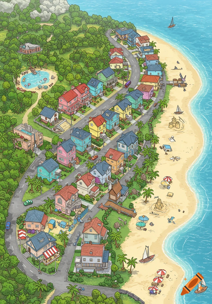 An isometric, cartoon-style illustration of a vibrant beach town with colorful houses, a winding road, sandy beach, and ocean.