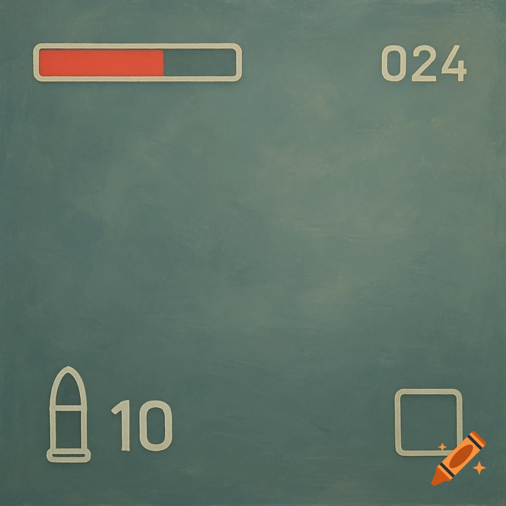 Minimalist video game HUD with a red progress bar, numbers '024' and '10', and a bullet icon on a teal background.