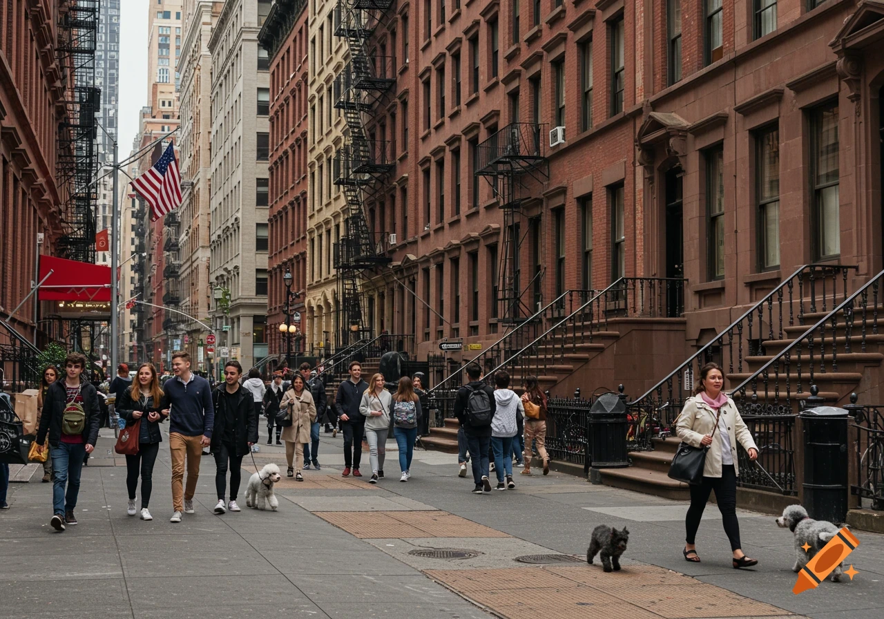 Photorealistic image of a busy New York City street scene with people, dogs, and historic brownstone buildings under an American flag.