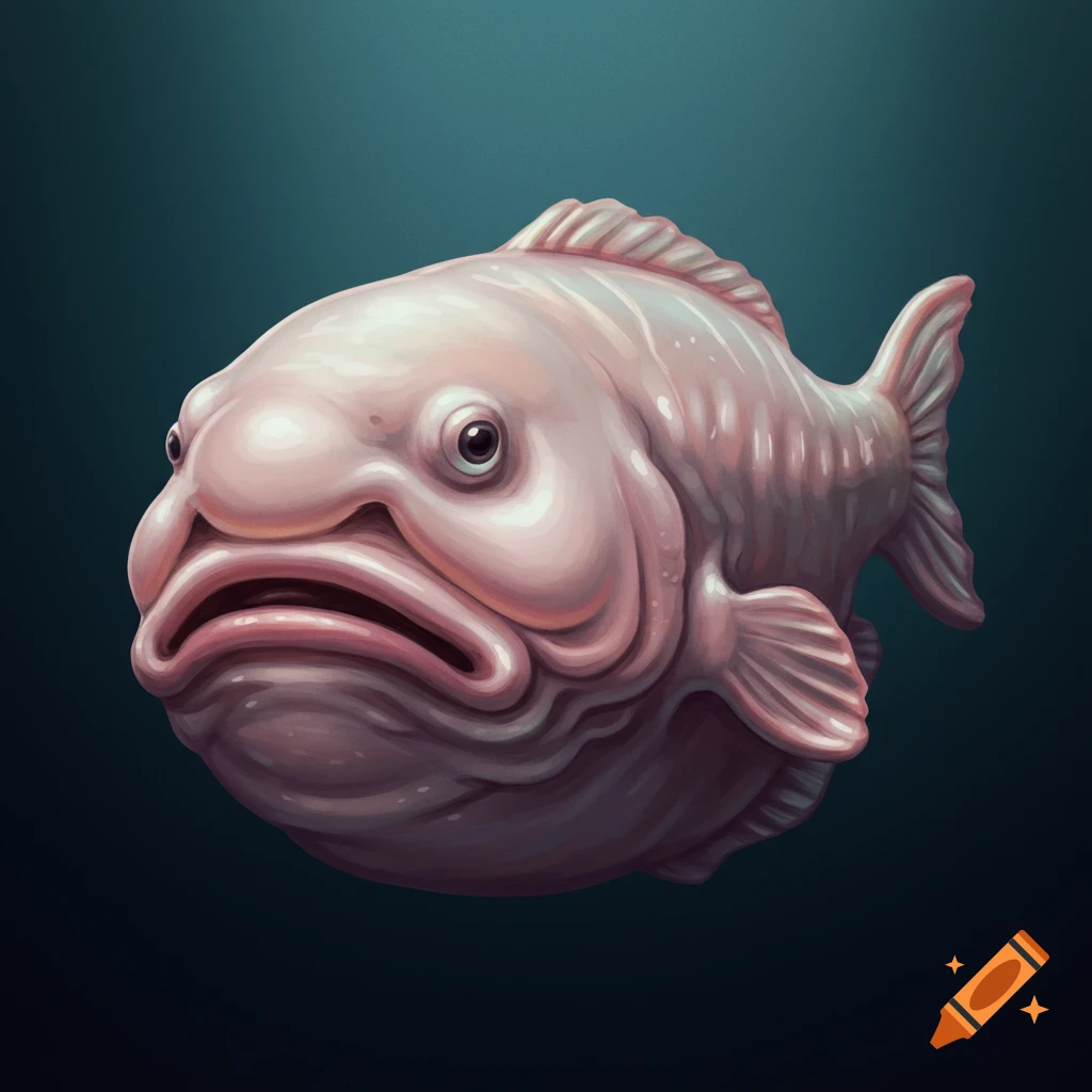 A digital illustration of a pink blobfish floating in dark blue water.
