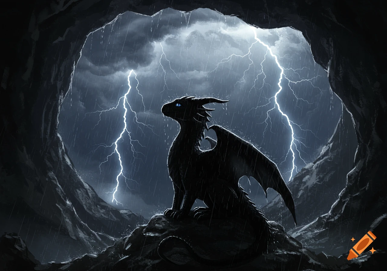 A black dragon with blue eyes sits silhouetted in a cave entrance, looking out at a thunderstorm with heavy rain and lightning.