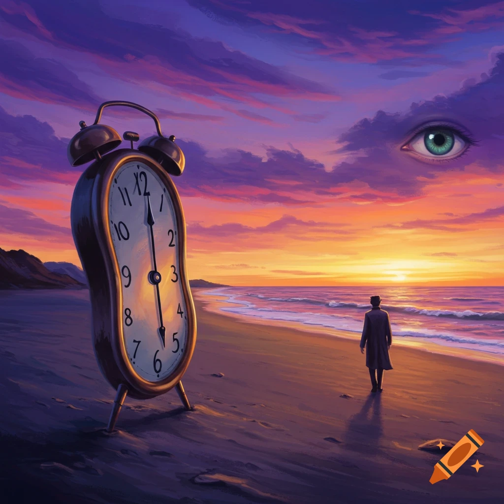 Surreal painting of a melting clock on a beach at sunset with a lone ...