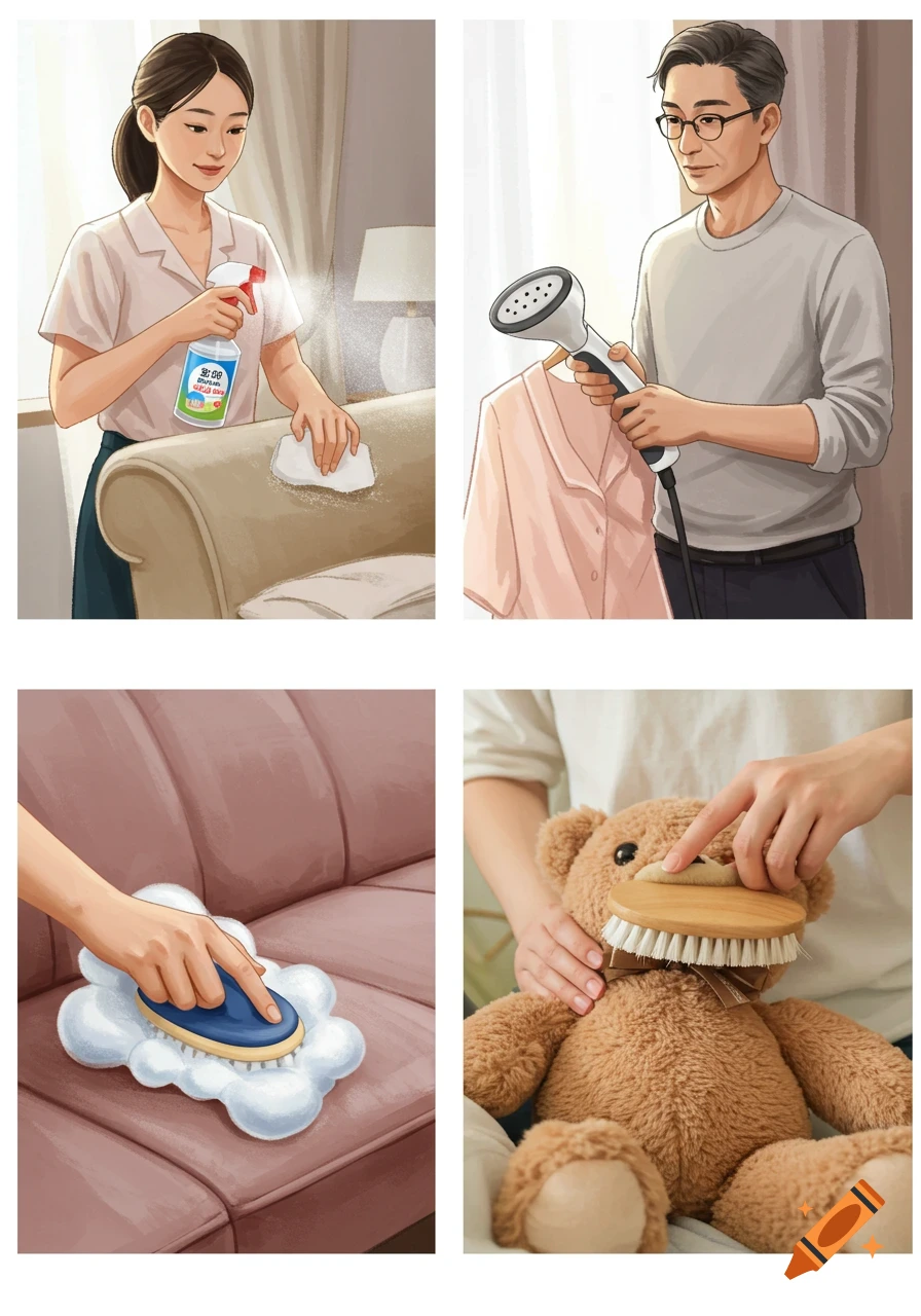 Four-panel illustration of people cleaning household items: woman spraying sofa, man steaming shirt, hands brushing sofa, hands brushing teddy bear.