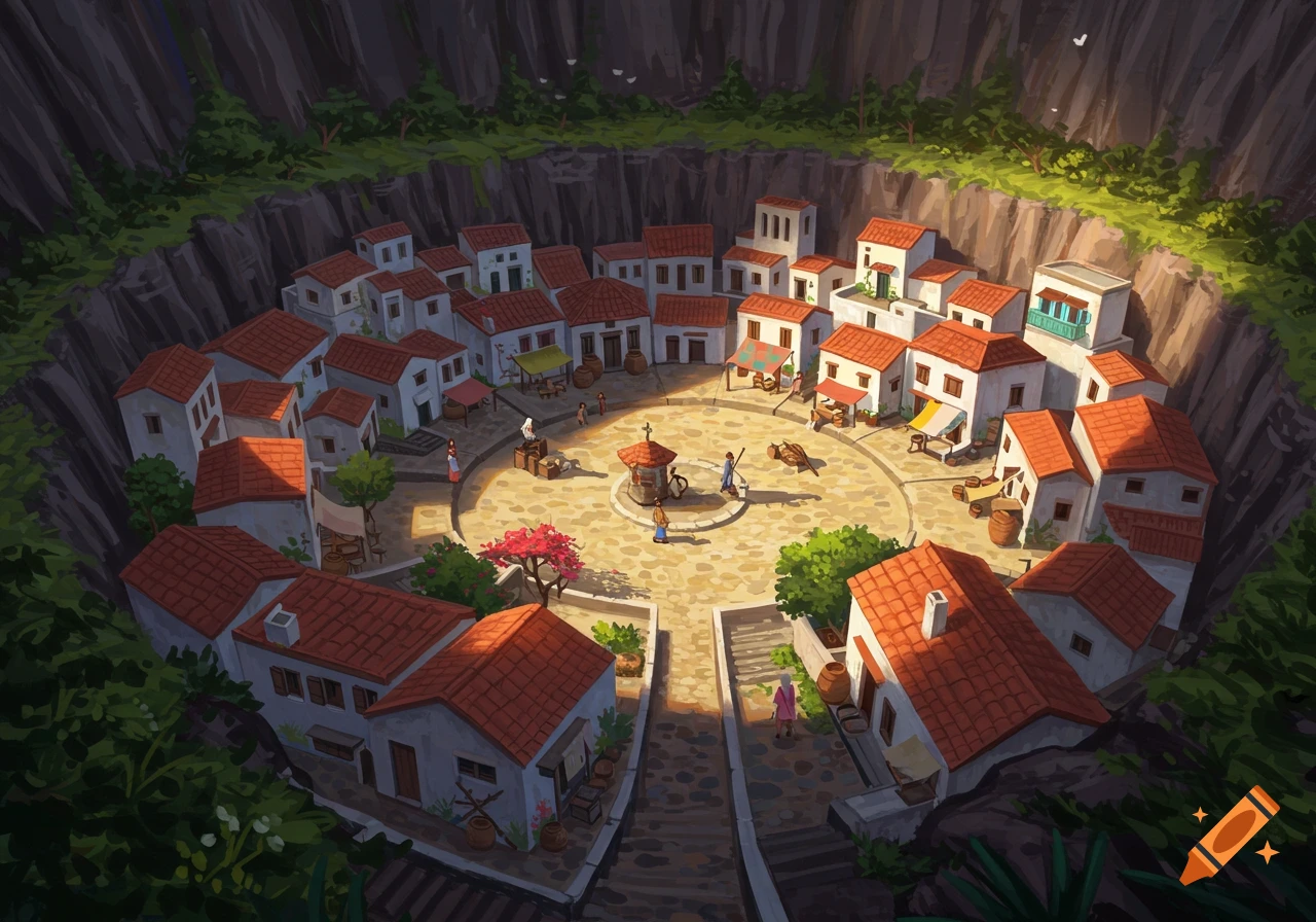 An illustrative aerial view of a lively village with white houses and red roofs, nestled in a circular caldera.