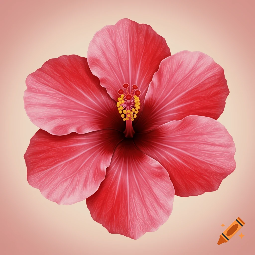 A hyper-realistic pink hibiscus flower with symmetric petals against a light pink background.
