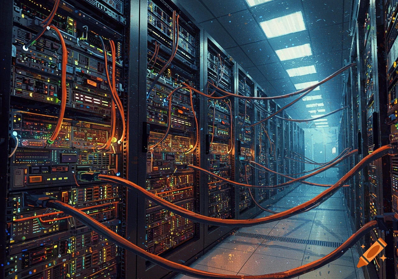 A futuristic data center with rows of glowing server racks and orange cables illuminated by blue light.