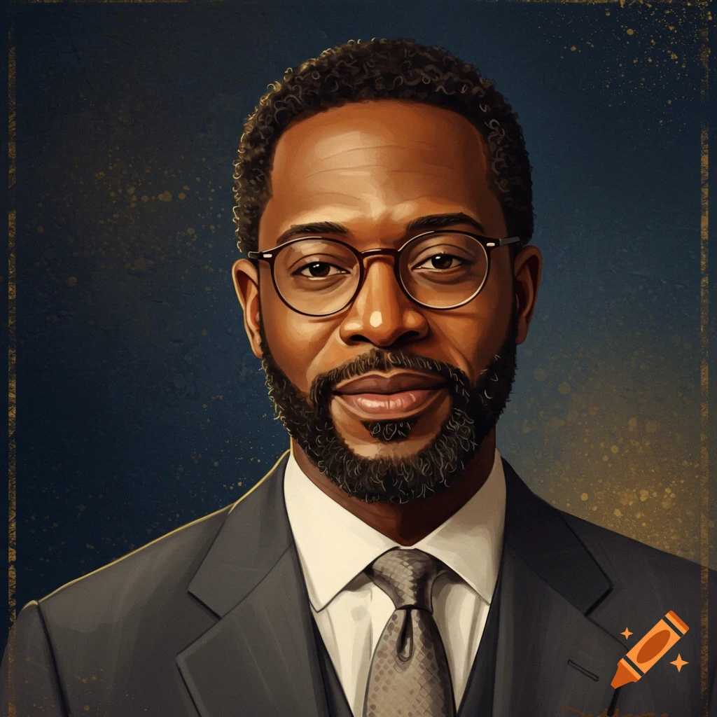 Portrait of an African American man with a beard and glasses, wearing a dark suit and tie, against a textured blue background.