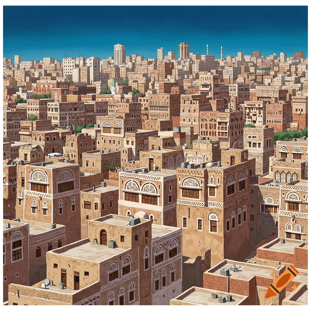 A dense cityscape with numerous traditional multi-story buildings made of earth-toned materials, featuring intricate white patterned windows, under a clear blue sky.