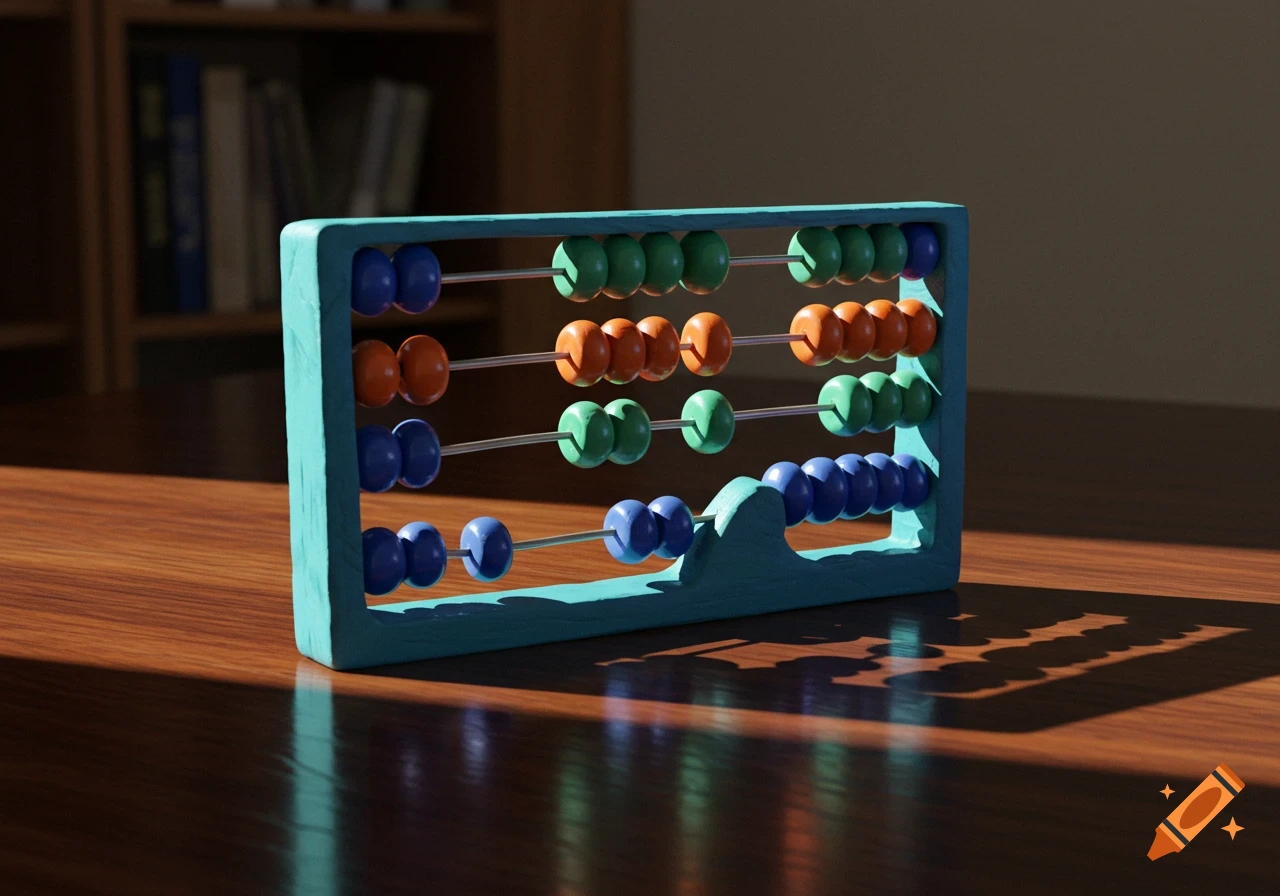 A teal abacus with green, orange, and blue beads sits on a shiny wooden table, casting shadows. A blurry bookshelf is in the background.