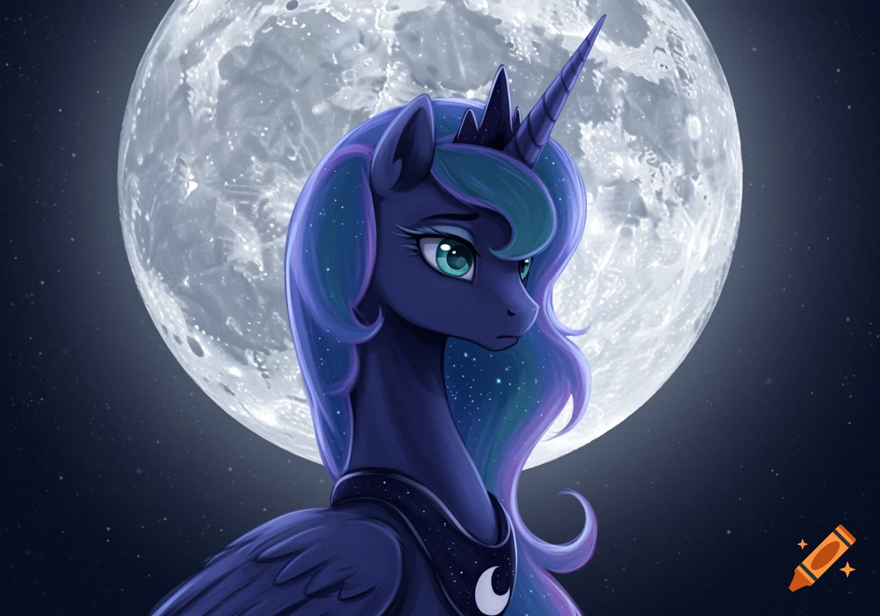 An illustration of Princess Luna, a dark blue alicorn with a flowing mane, against a large, detailed full moon in a starry night sky.