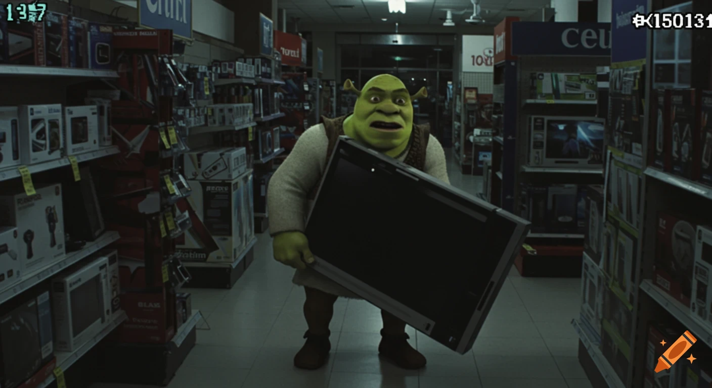 CCTV footage captures Shrek in a dimly lit supermarket aisle, holding a large, dark television set. Shrek looks surprised with wide eyes and an open mouth. Shelves filled with various products are visible on both sides.