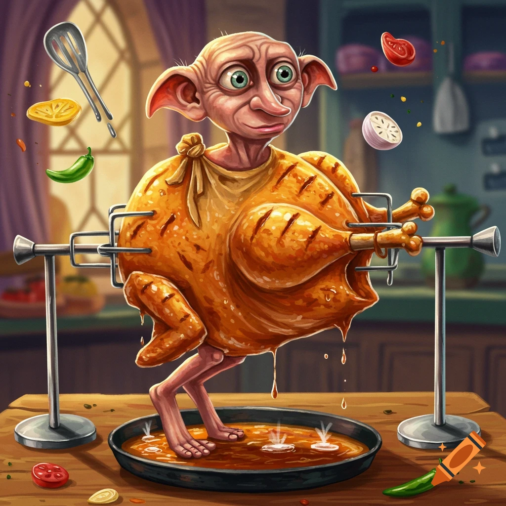 Dobby from Harry Potter roasted like a rotisserie chicken, standing in a pan in a kitchen, with ingredients floating around him.