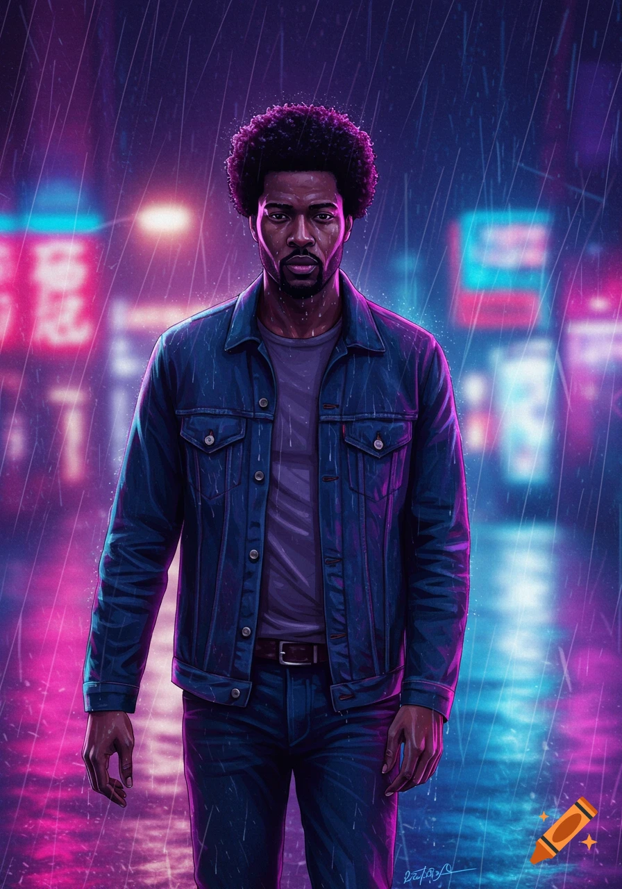 A Black man with an afro walks in the rain under vibrant neon lights in a cyberpunk city.