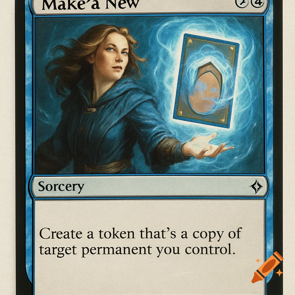 A fantasy trading card depicting a woman in blue robes casting a spell with a glowing card above her hand, with game text visible.