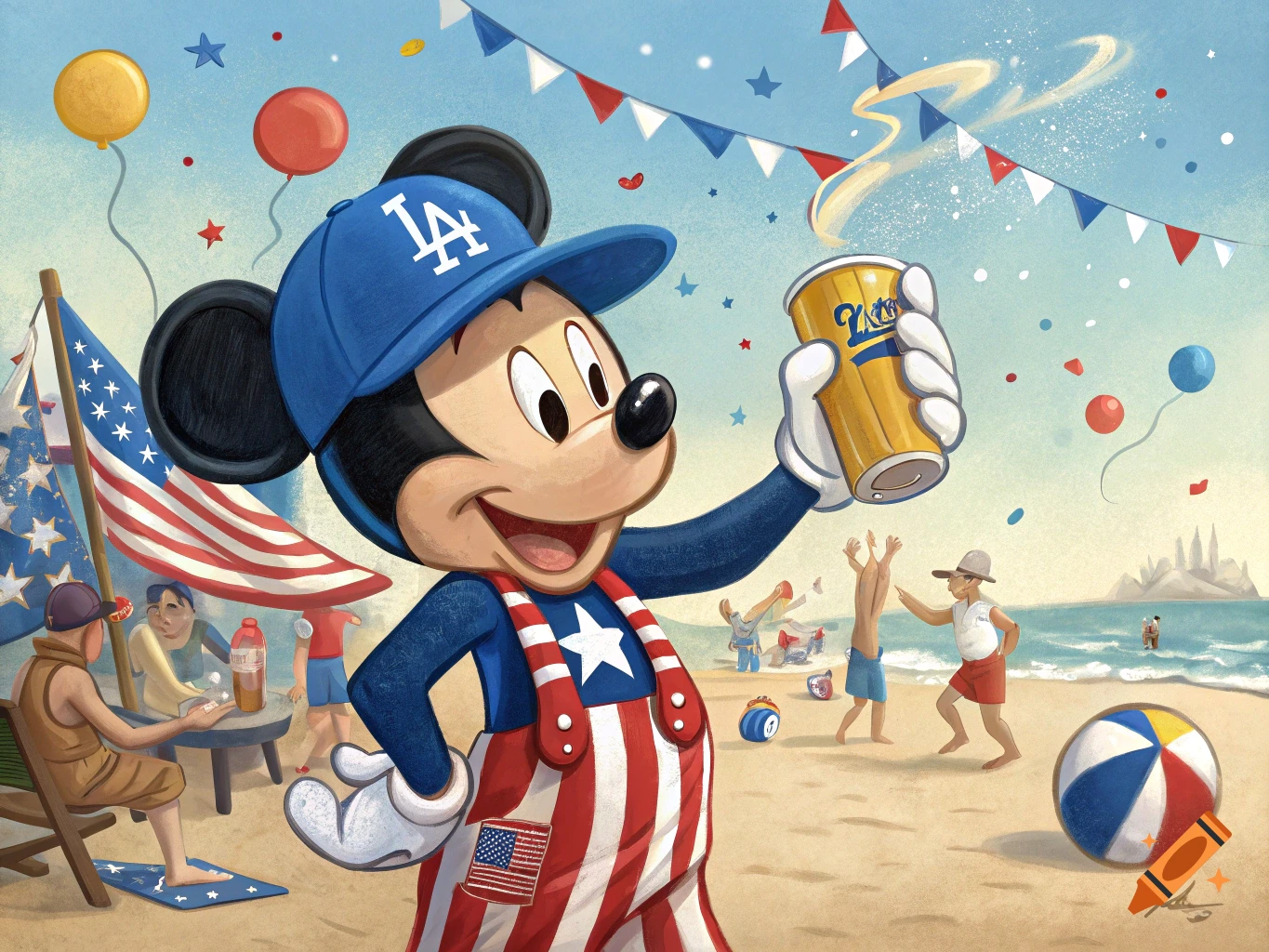 Comic book style illustration of Mickey Mouse at a 4th of July beach party, wearing American flag overalls and a blue LA Dodgers hat, holding a beer can.