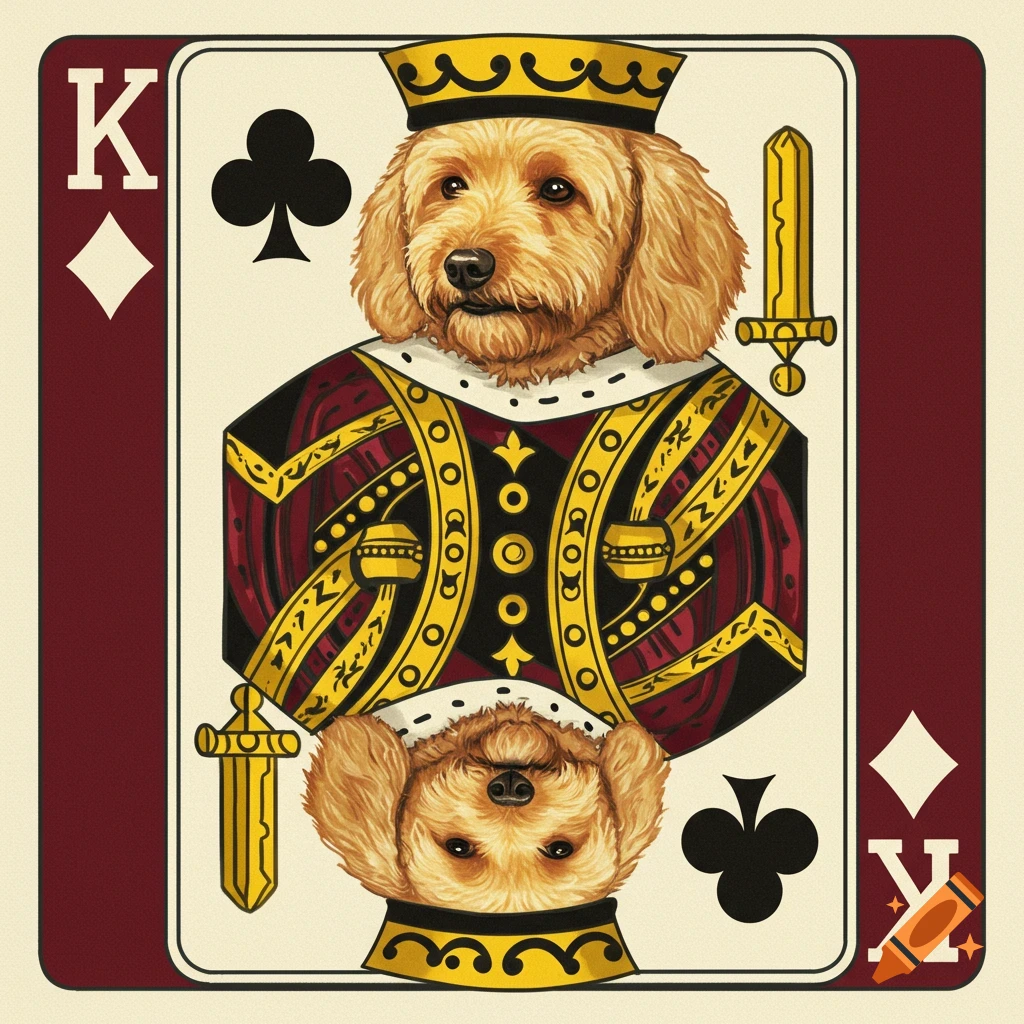 An illustration of a playing card depicting the King of Clubs, featuring a golden doodle's head wearing a crown.