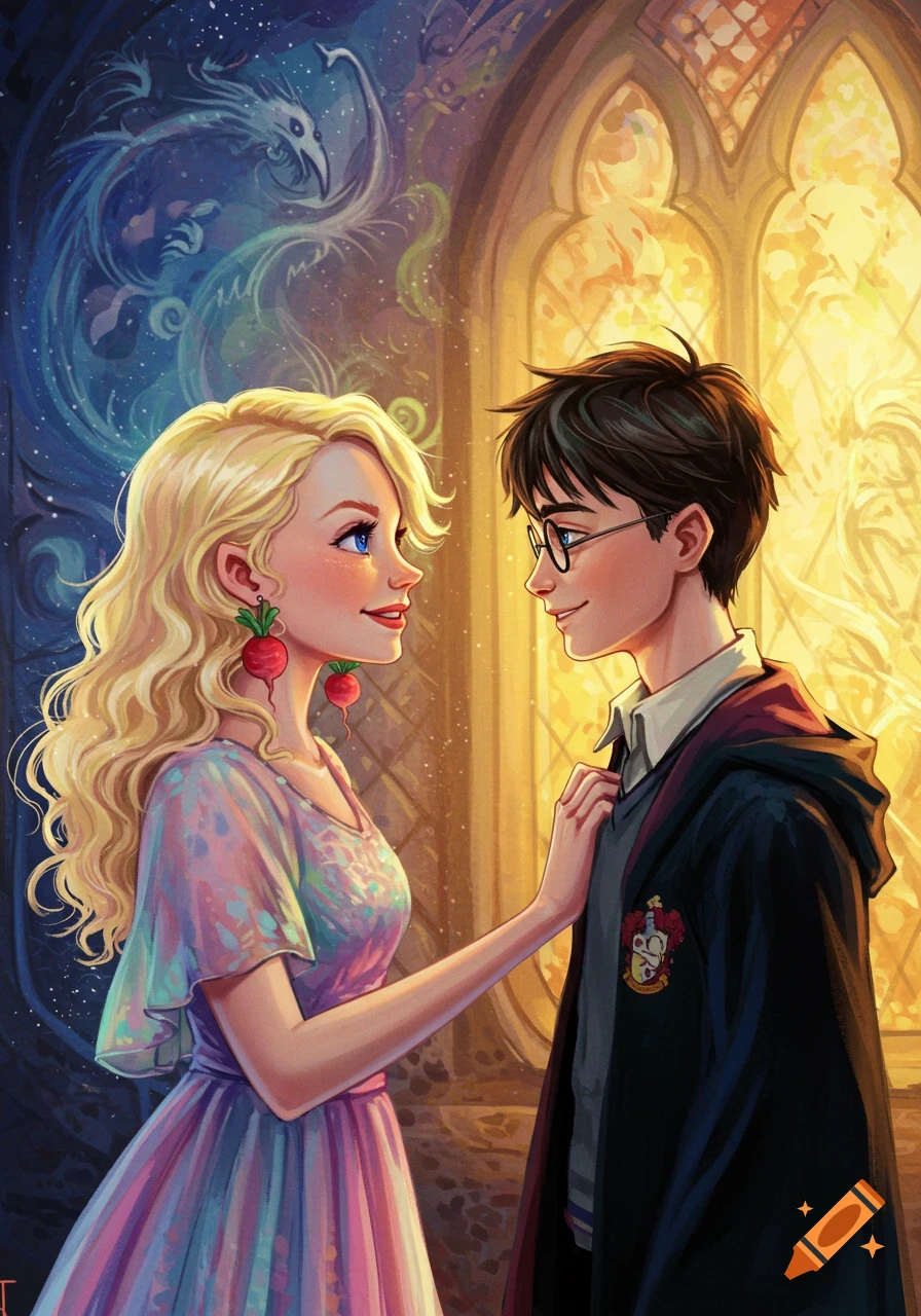Vibrant illustration of Luna Lovegood and Harry Potter looking at each other, with a magical creature and stained glass windows in the background.