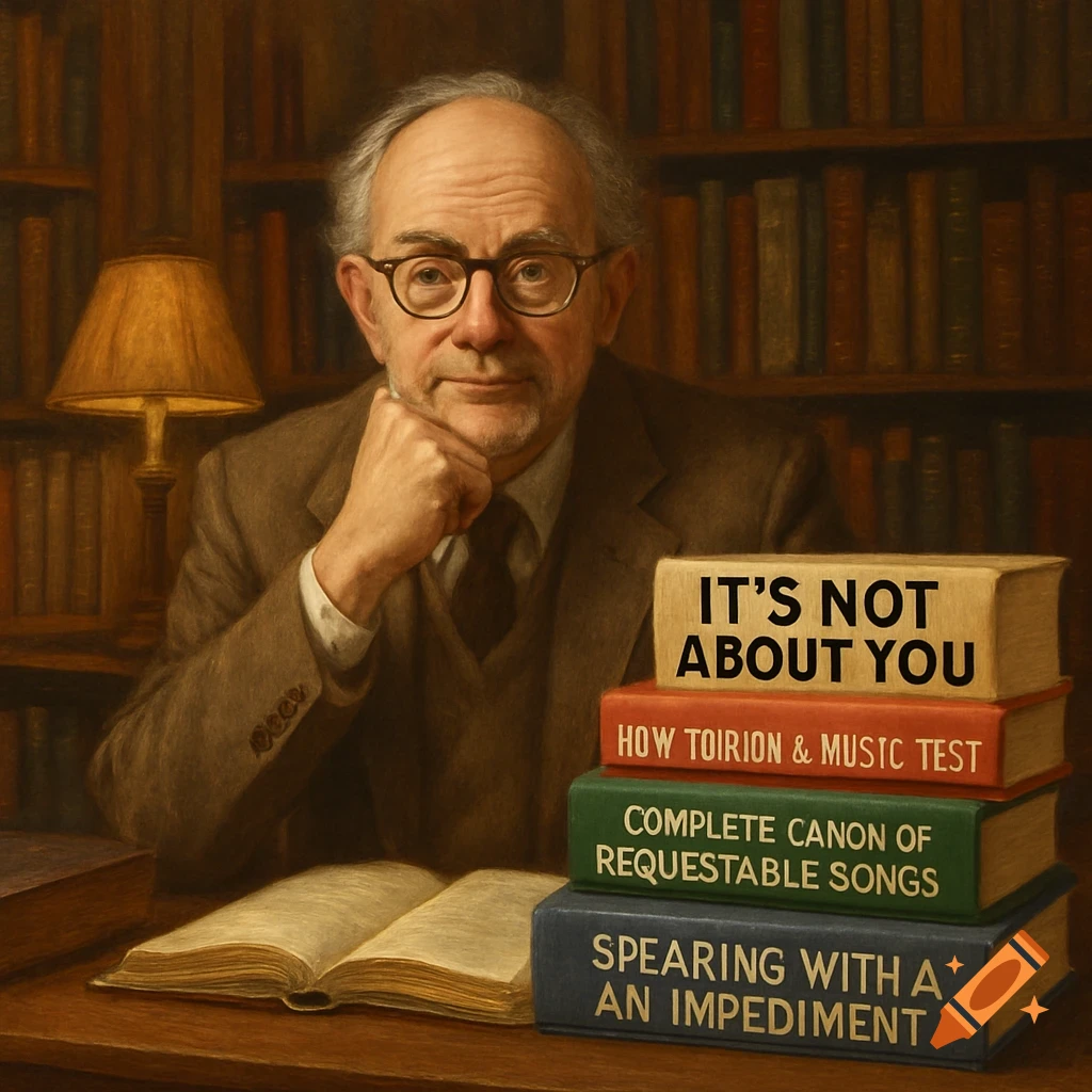 A professor with glasses sits at a desk in a library, an open book and a stack of books are on the desk.