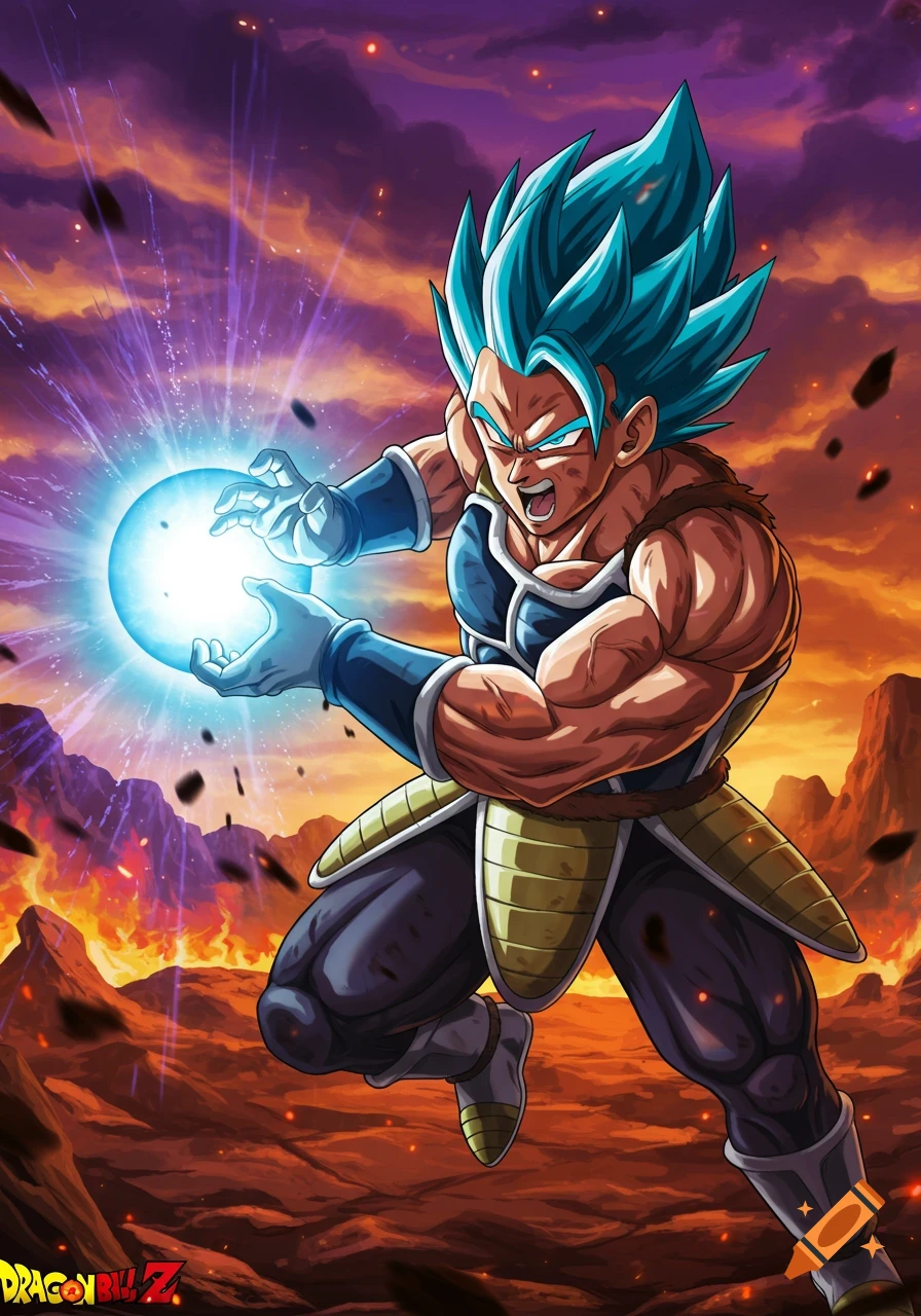 A powerful anime warrior with blue hair charges a glowing blue energy ball in a fiery, apocalyptic landscape.