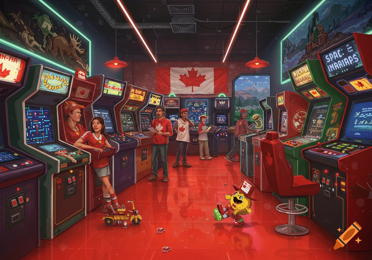 A colorful illustration of a Canada-themed arcade with people playing on various arcade machines, a Canadian flag on the back wall, and a cartoon Pac-Man character in the foreground.