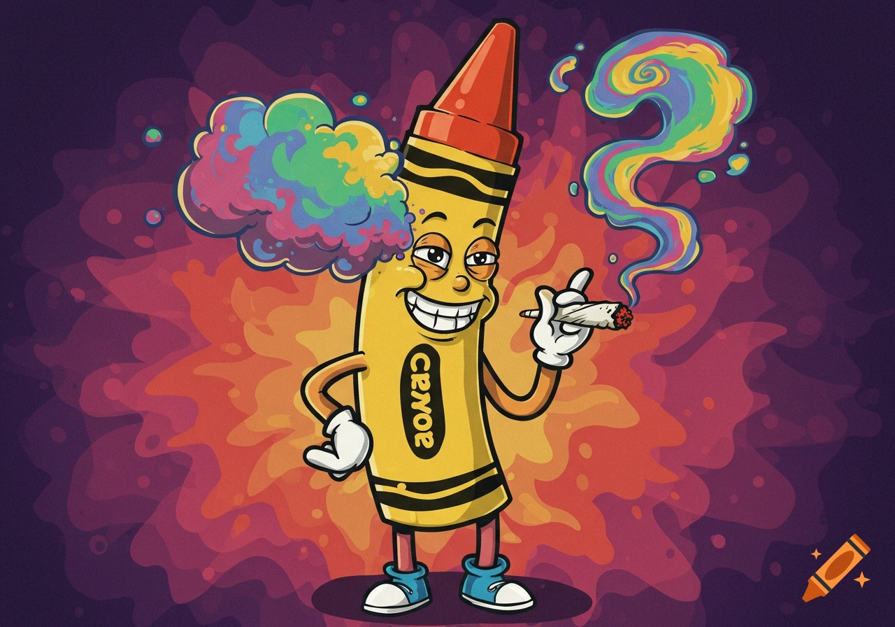 A smiling yellow cartoon crayon character smoking a joint, with colorful psychedelic smoke emanating from it and its head, on a vibrant background.