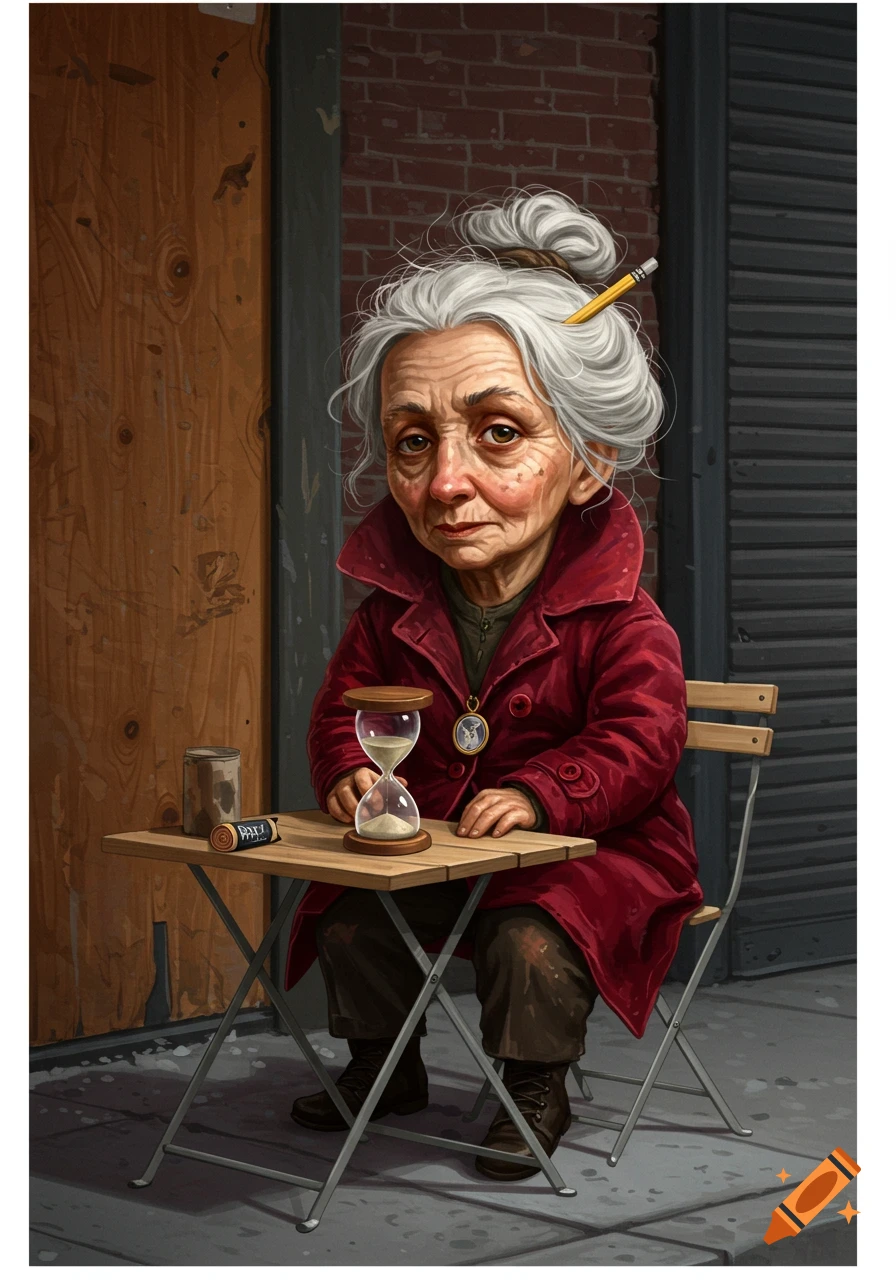 A stylized portrait of a tiny, old woman with white hair in a red coat, sitting at a table with an hourglass.