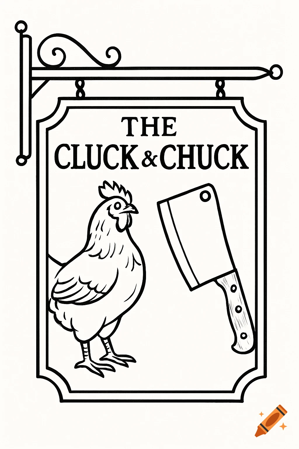 Black and white line drawing of a pub sign for 'The Cluck & Chuck' with a chicken and meat cleaver.