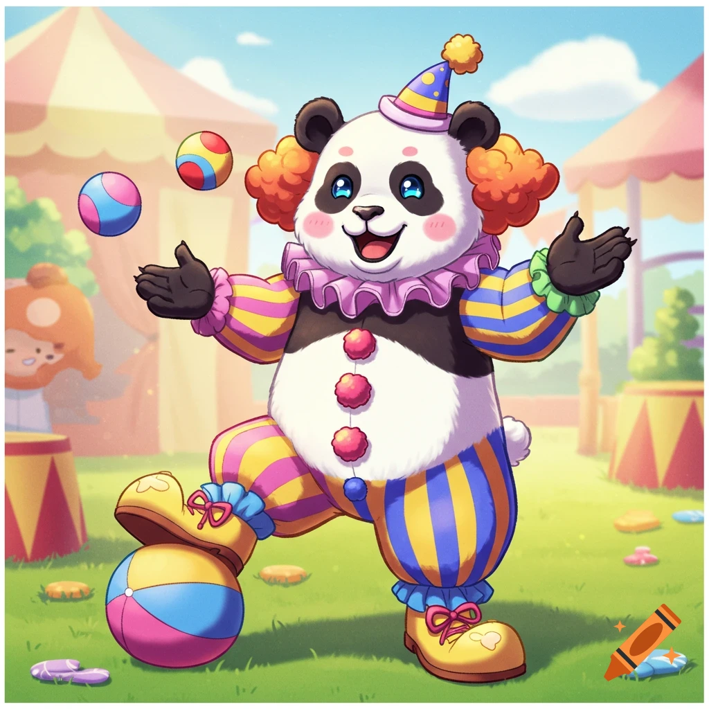 A cute cartoon panda dressed as a colorful clown, juggling three balls in a circus tent setting.
