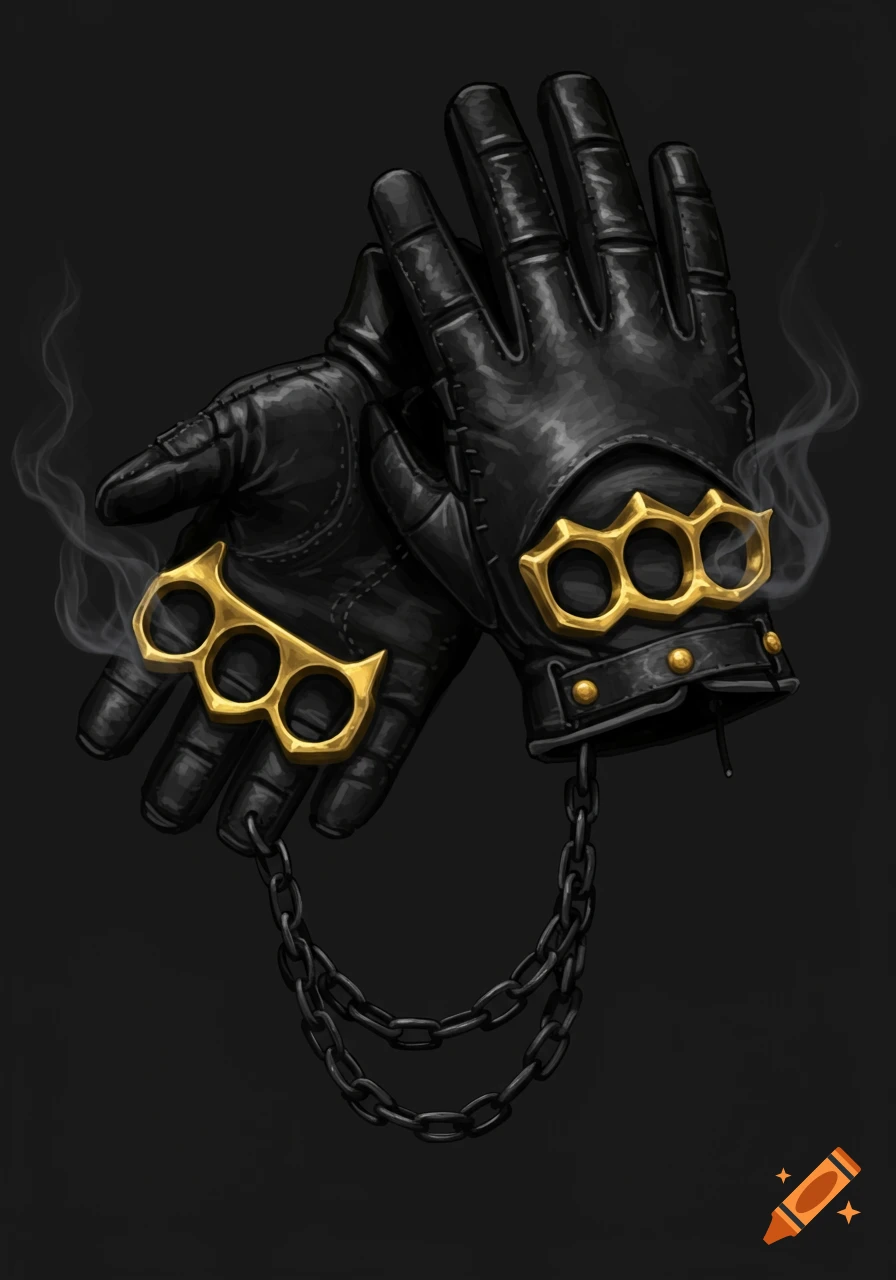 Pair of black leather gloves with golden brass knuckles and a black metal chain on a dark background.