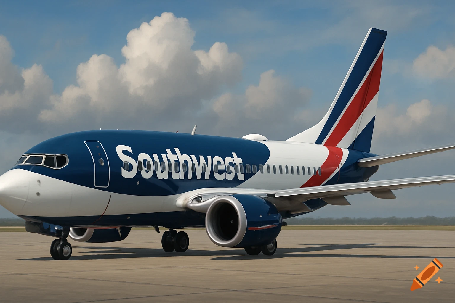 A photorealistic image of a Southwest Airlines Boeing 737 airplane on an airport tarmac under a blue sky with clouds.