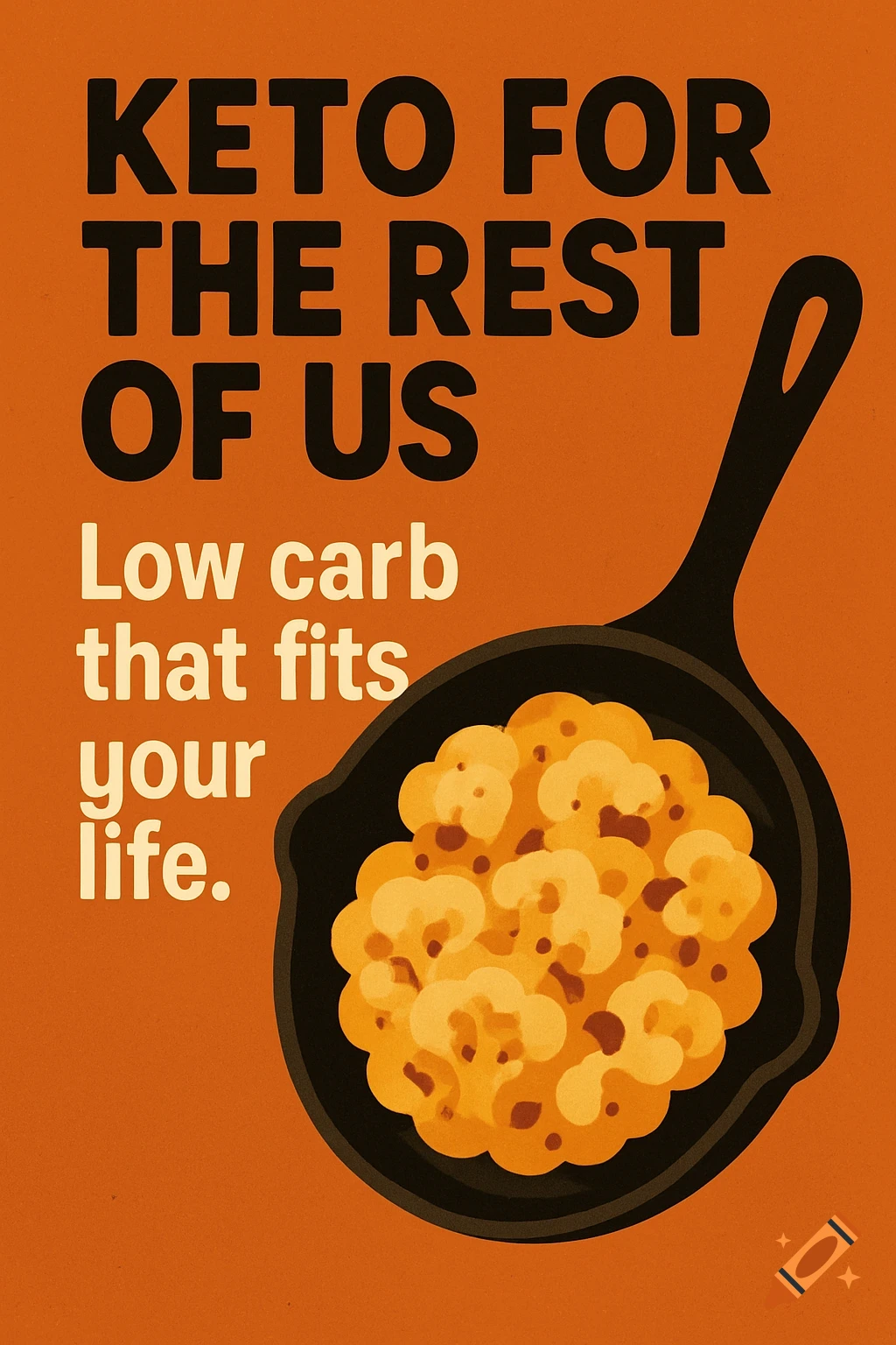 A retro-style graphic poster on an orange background promoting 'Keto for the Rest of Us' with text and a skillet of food.