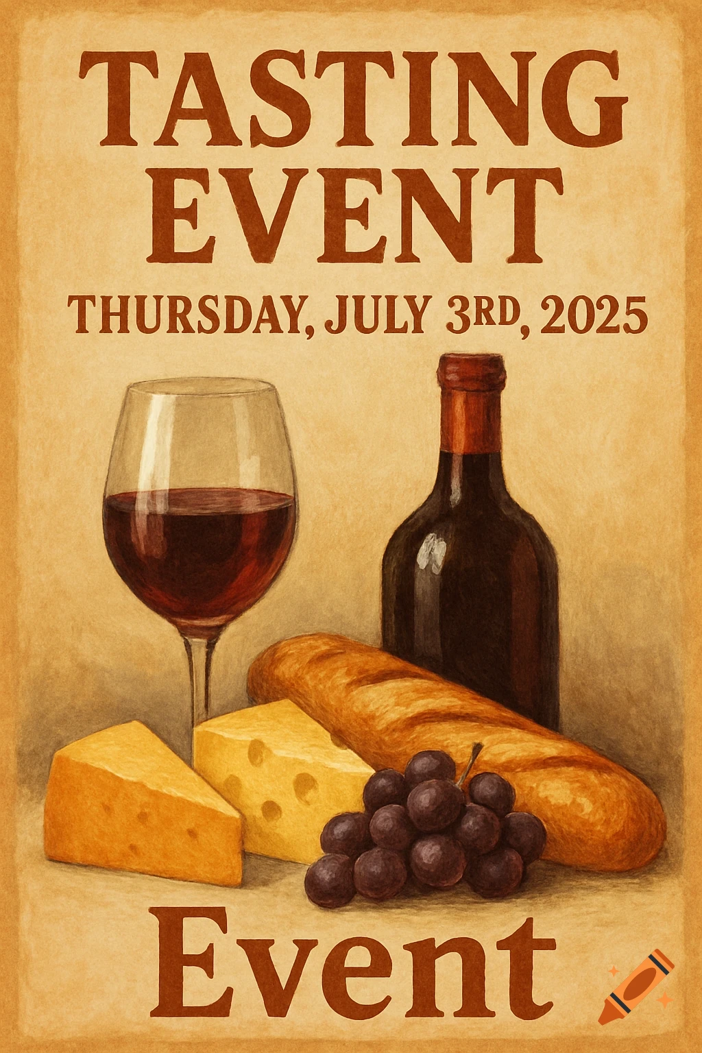 An illustrated flyer for a tasting event with a wine glass, bottle, cheese, bread, and grapes on a beige background. Text reads "TASTING EVENT THURSDAY, JULY 3RD, 2025" and "Event."