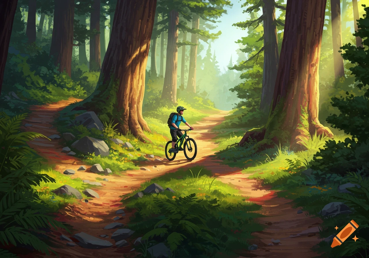 An illustration of a person on a mountain bike riding on a dirt trail through a lush, sunlit forest.
