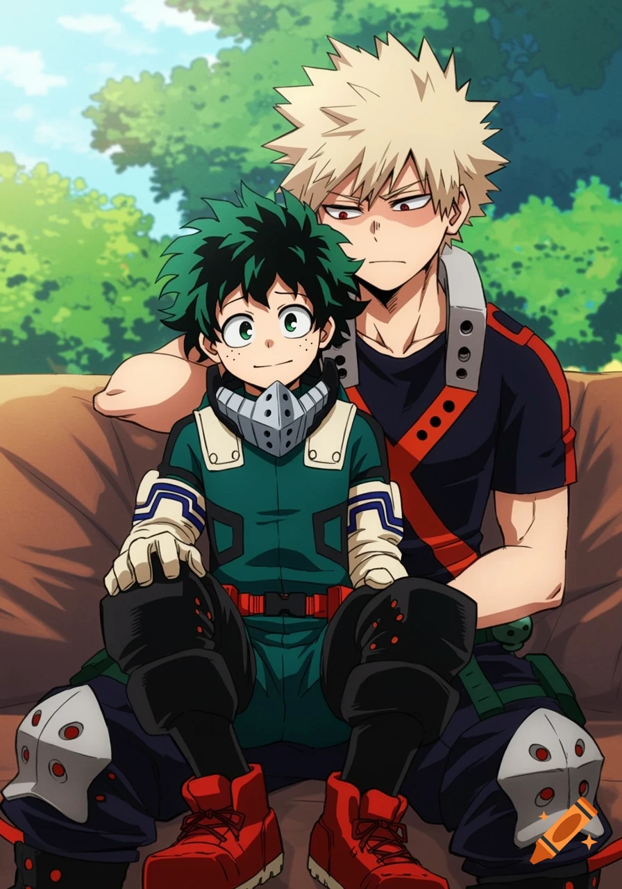 Anime illustration of Izuku Midoriya on Katsuki Bakugo's lap, sitting on a couch outdoors.
